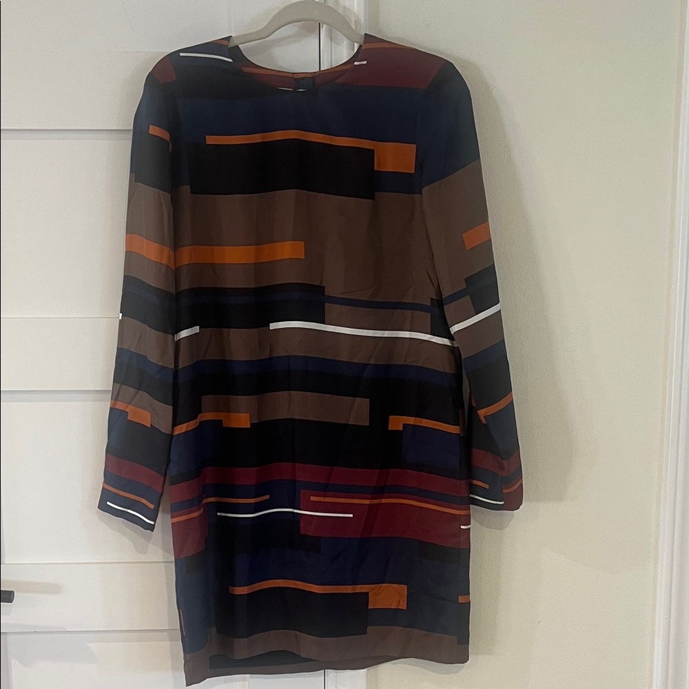 Theory Brown Striped Multicolor Long Sleeve Dress 100% Silk Size 4 worn once!